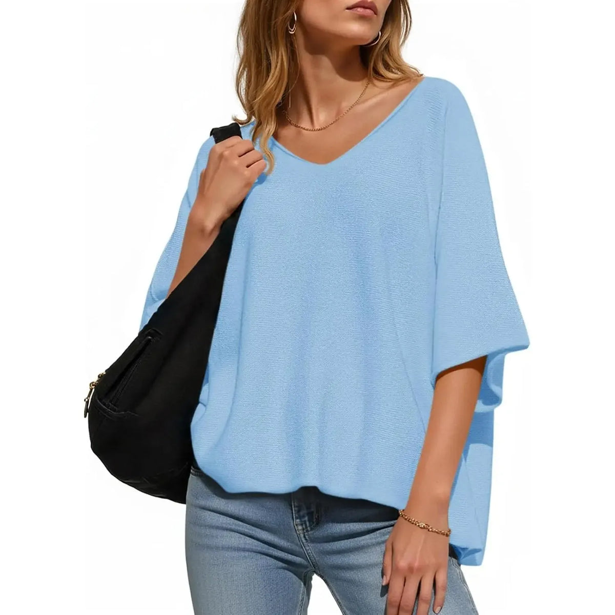 🔥Women's Oversized Half Sleeve Batwing V Neck Casual Knit Tops