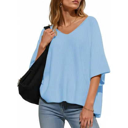 🔥Women's Oversized Half Sleeve Batwing V Neck Casual Knit Tops