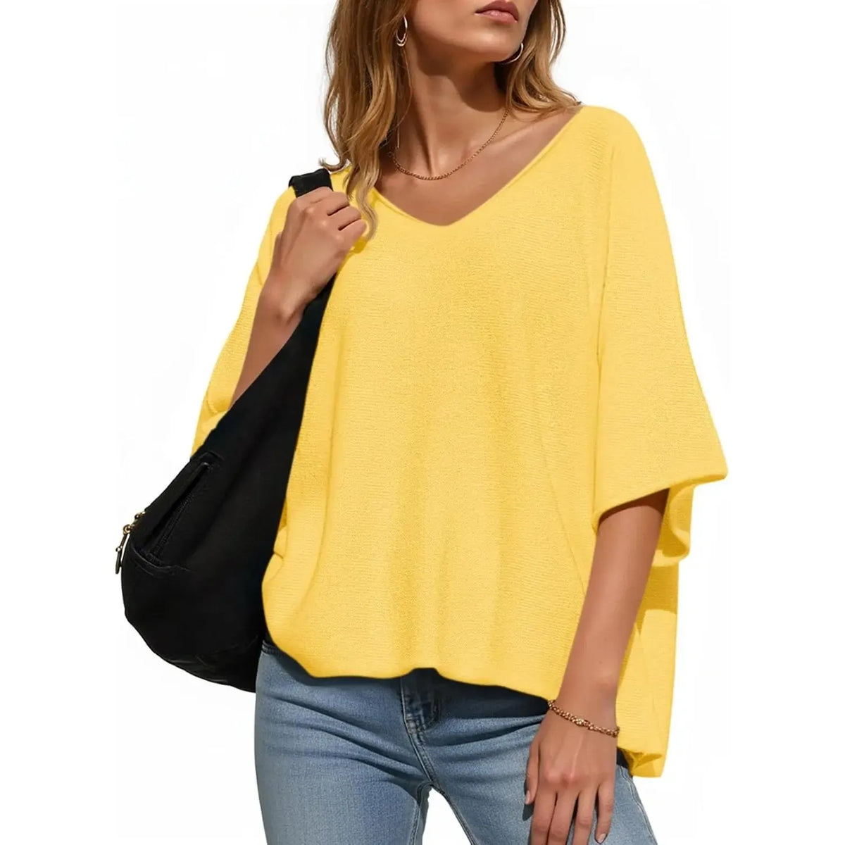 🔥Women's Oversized Half Sleeve Batwing V Neck Casual Knit Tops