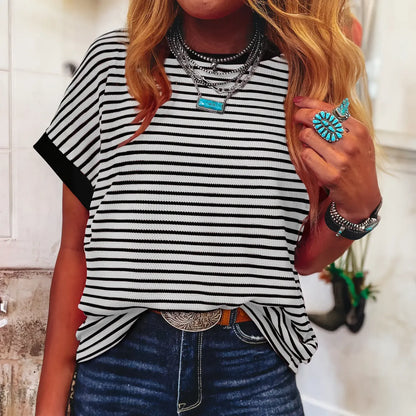 Women's Striped Ribbed Knit Drop Shoulder T-Shirt