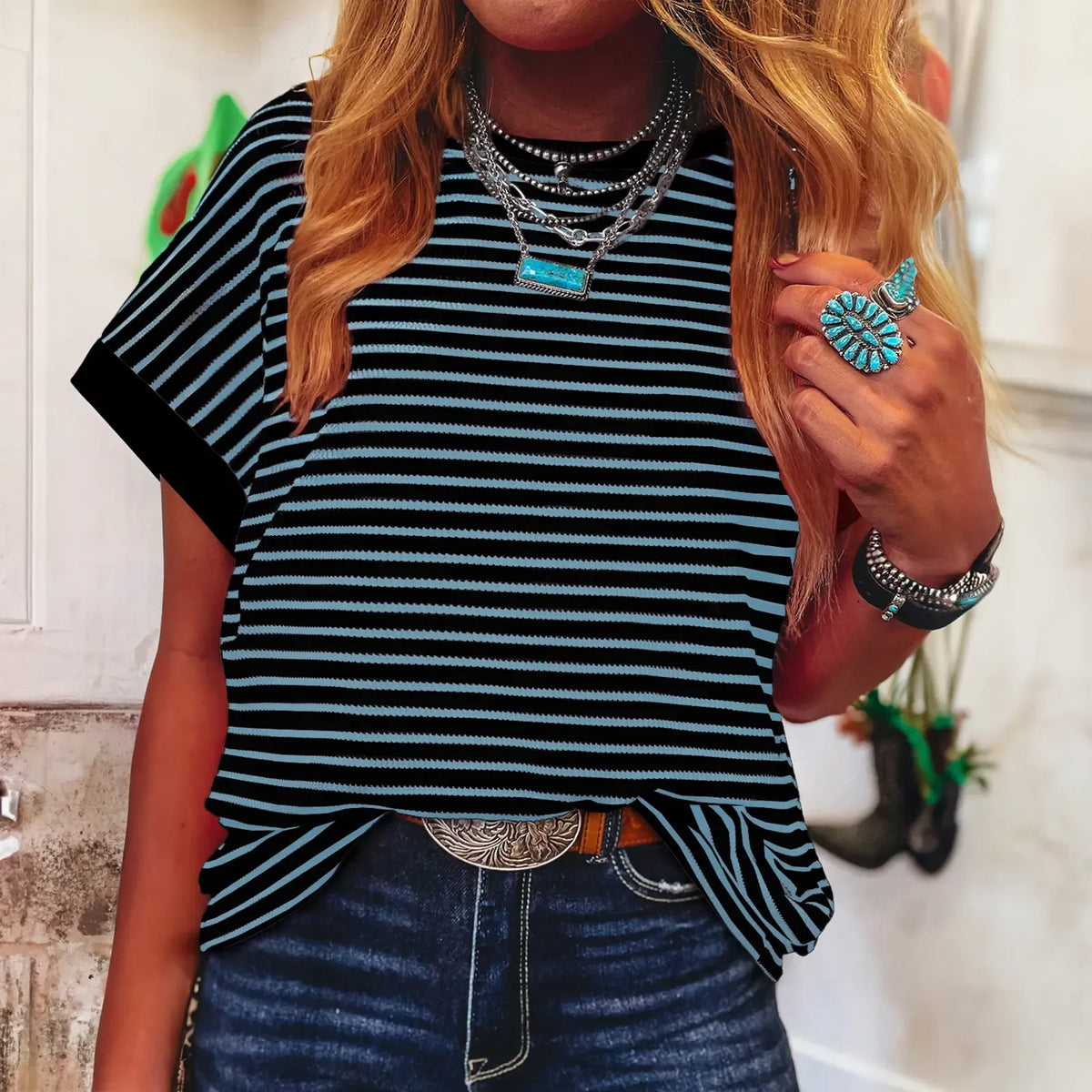 Women's Striped Ribbed Knit Drop Shoulder T-Shirt
