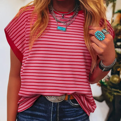 Women's Striped Ribbed Knit Drop Shoulder T-Shirt