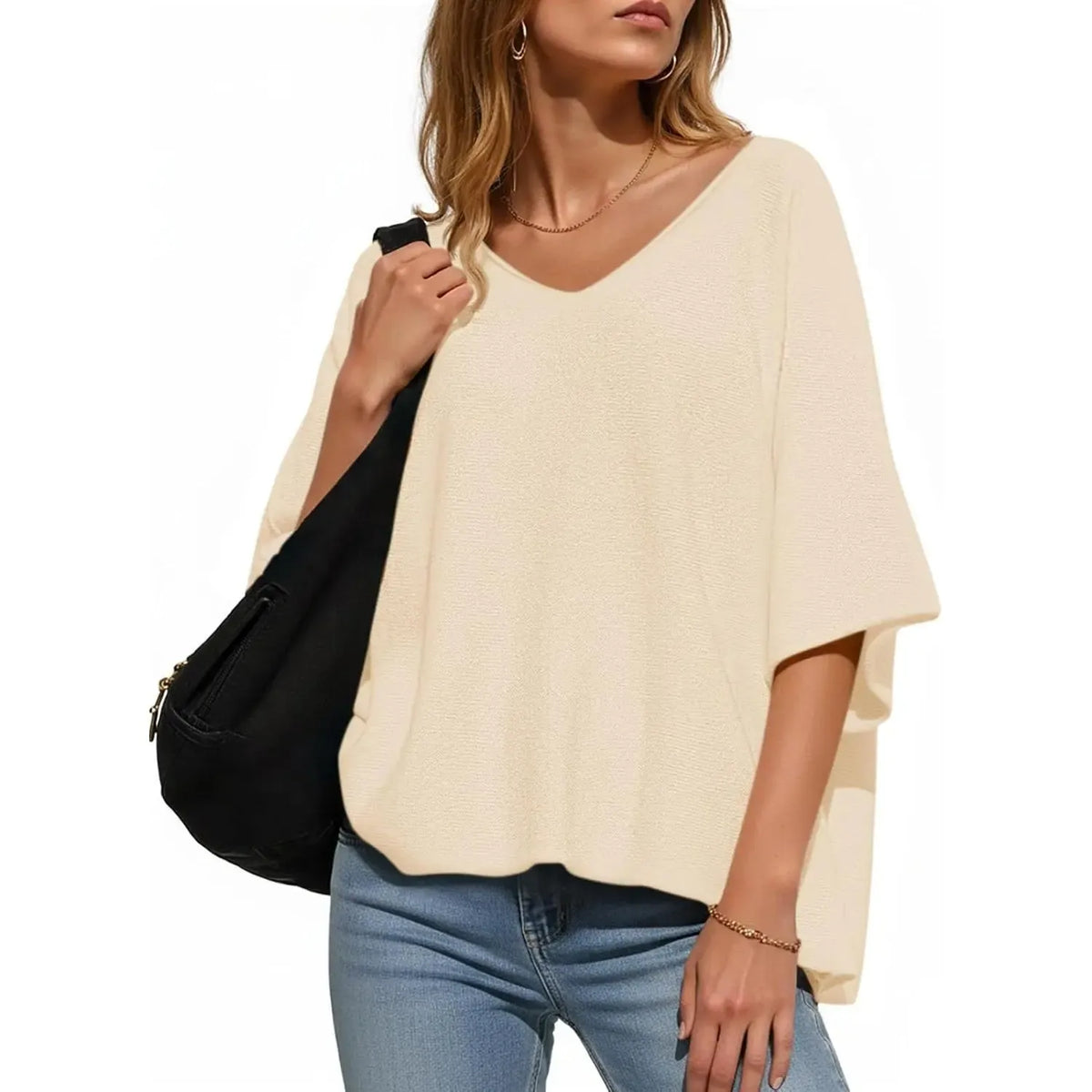 🔥Women's Oversized Half Sleeve Batwing V Neck Casual Knit Tops