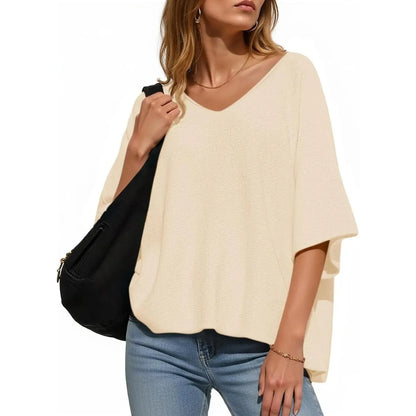 🔥Women's Oversized Half Sleeve Batwing V Neck Casual Knit Tops