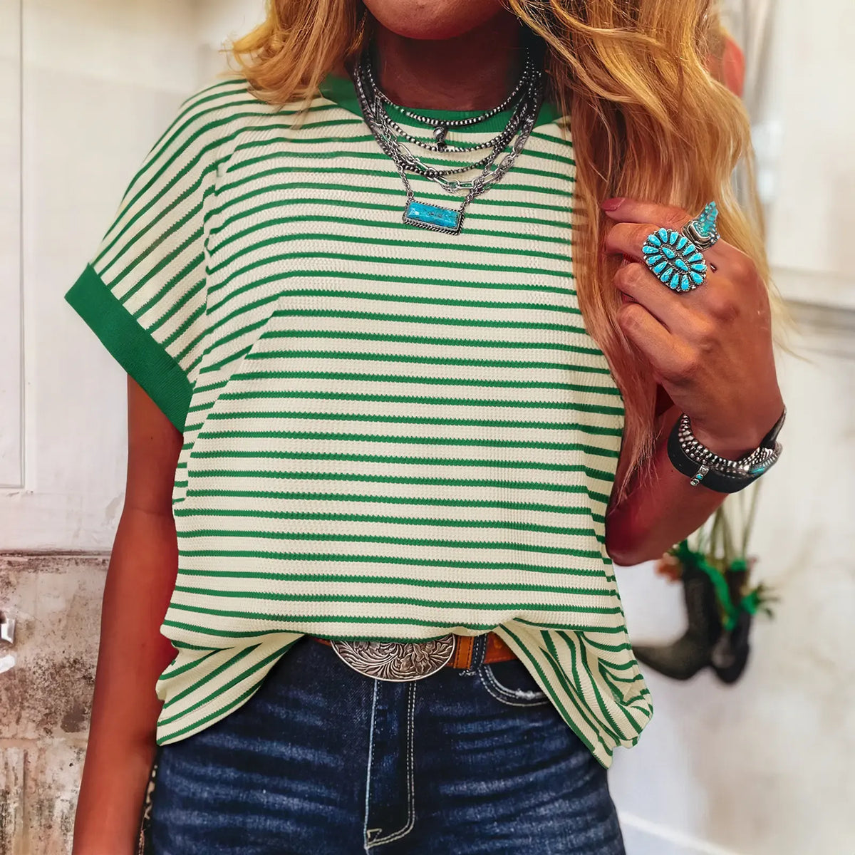 Women's Striped Ribbed Knit Drop Shoulder T-Shirt