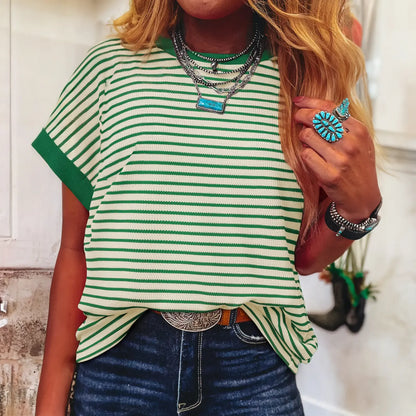 Women's Striped Ribbed Knit Drop Shoulder T-Shirt