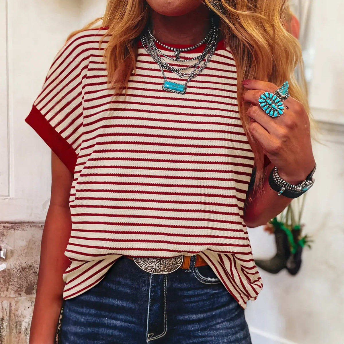 Women's Striped Ribbed Knit Drop Shoulder T-Shirt