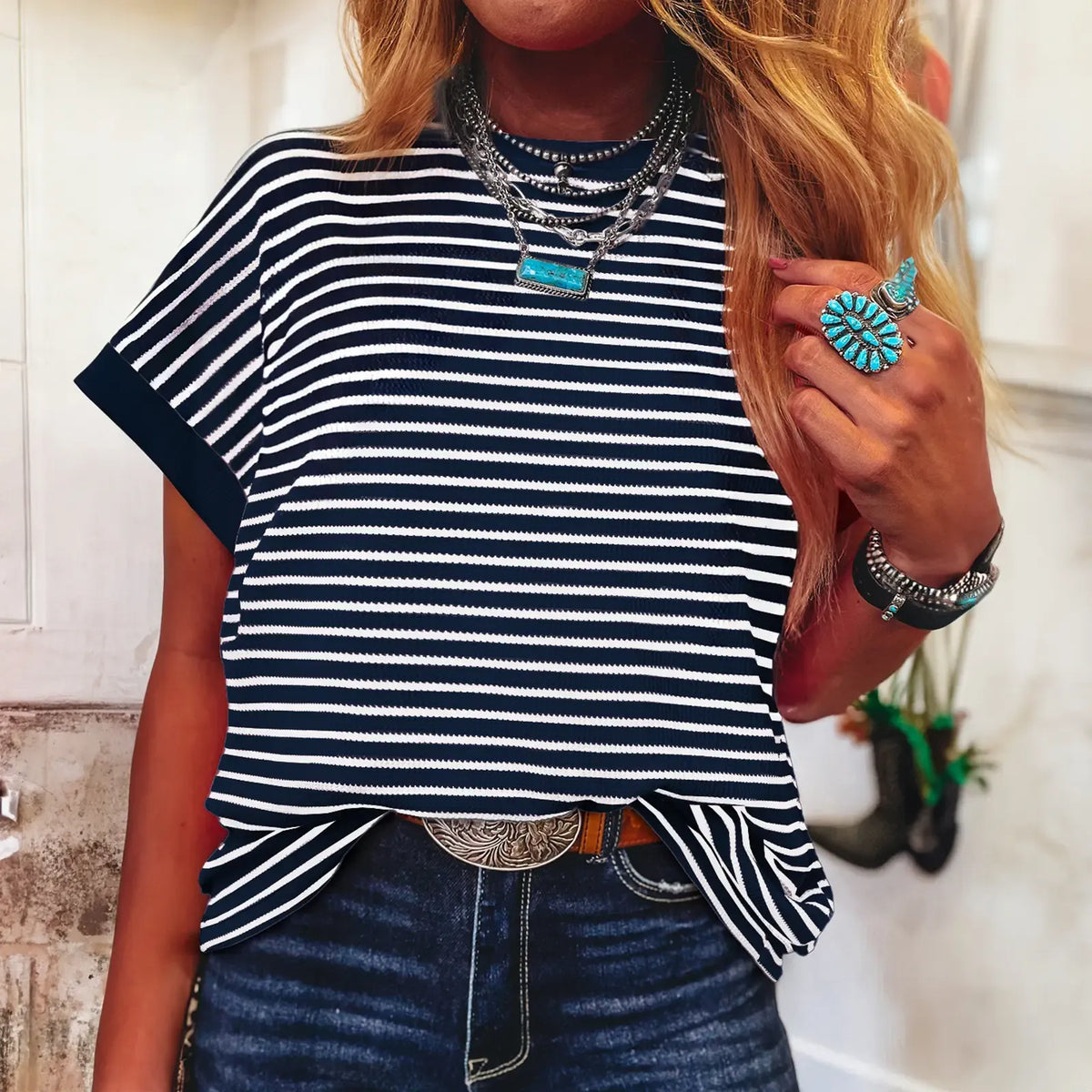 Women's Striped Ribbed Knit Drop Shoulder T-Shirt