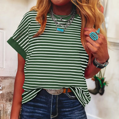 Women's Striped Ribbed Knit Drop Shoulder T-Shirt