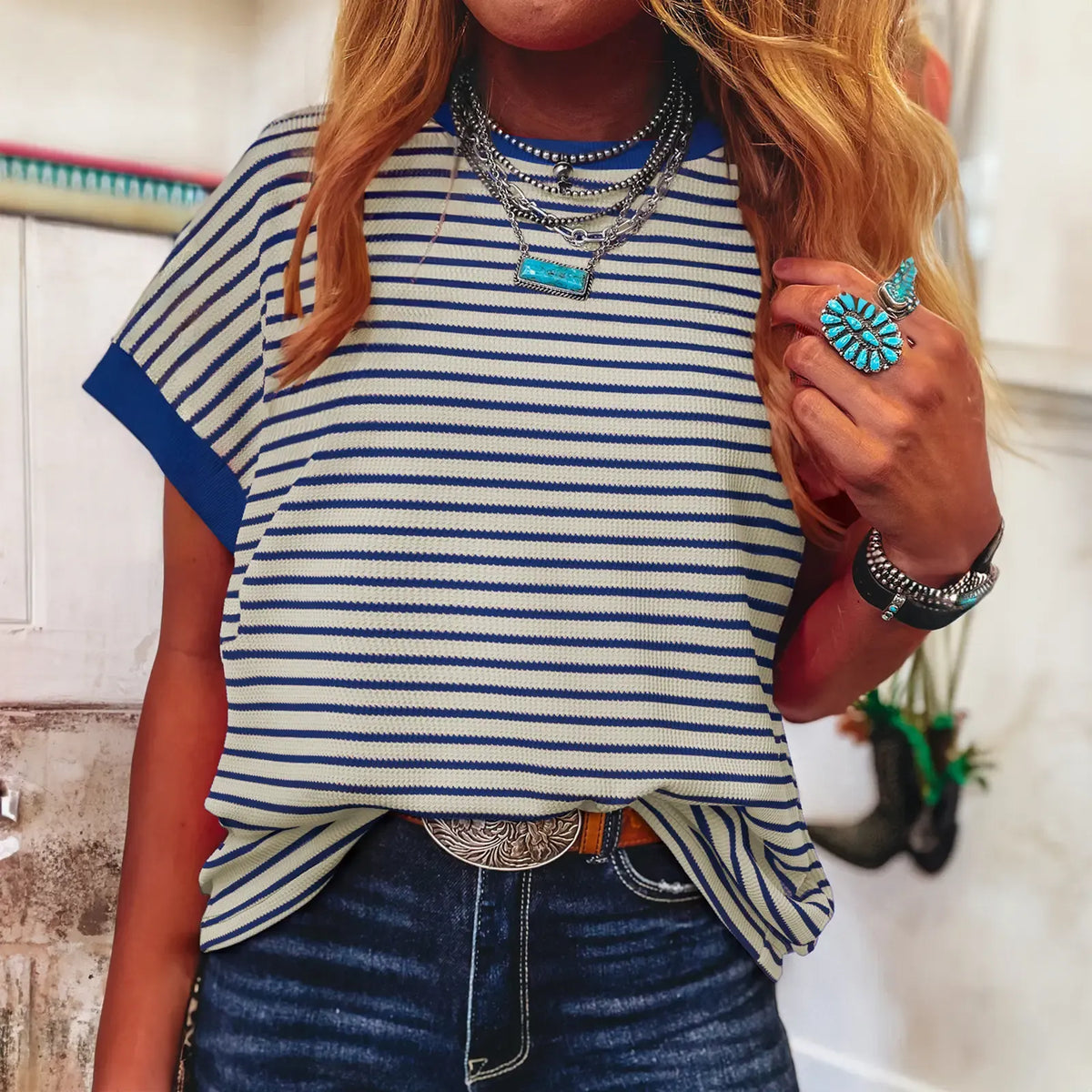 Women's Striped Ribbed Knit Drop Shoulder T-Shirt