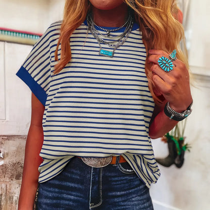 Women's Striped Ribbed Knit Drop Shoulder T-Shirt