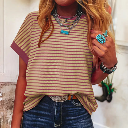 Women's Striped Ribbed Knit Drop Shoulder T-Shirt