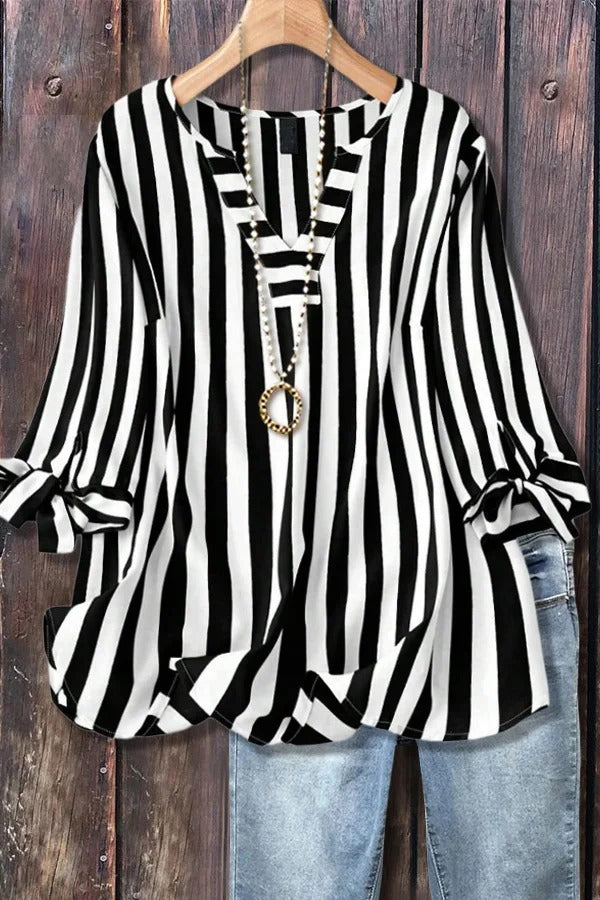 ✨Women's Casual Striped V-Neck Tied Sleeve Top  Versatile Blouse