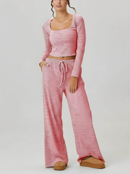 Women's Square Neck Striped Two Piece Set