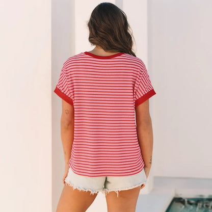 Women's Striped Ribbed Knit Drop Shoulder T-Shirt
