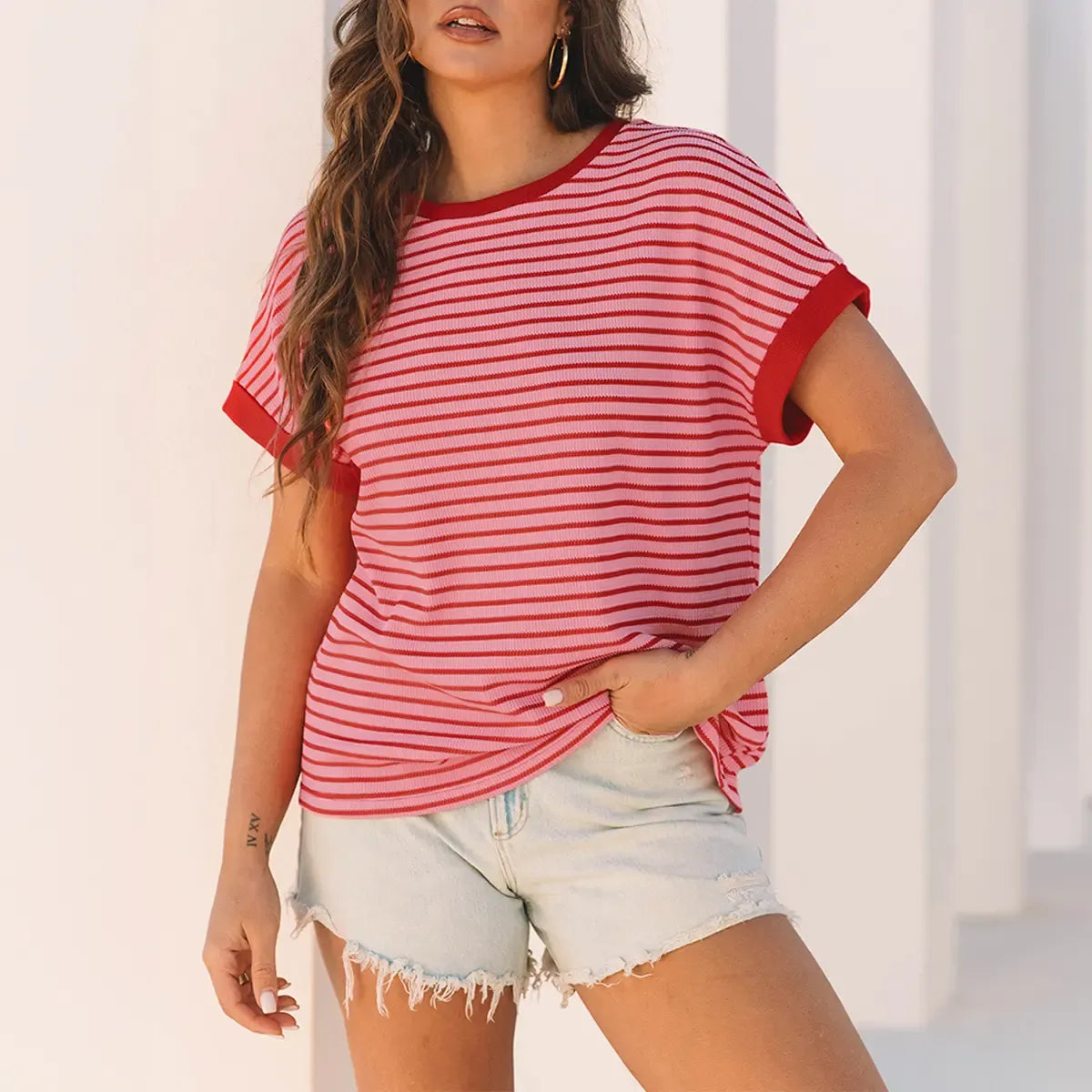 Women's Striped Ribbed Knit Drop Shoulder T-Shirt