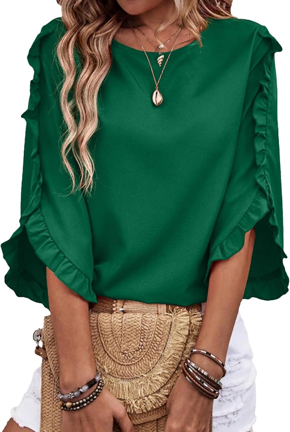 Women's 3/4 Length Sleeve Blouses Crewneck Ruffle Sleeve Shirts