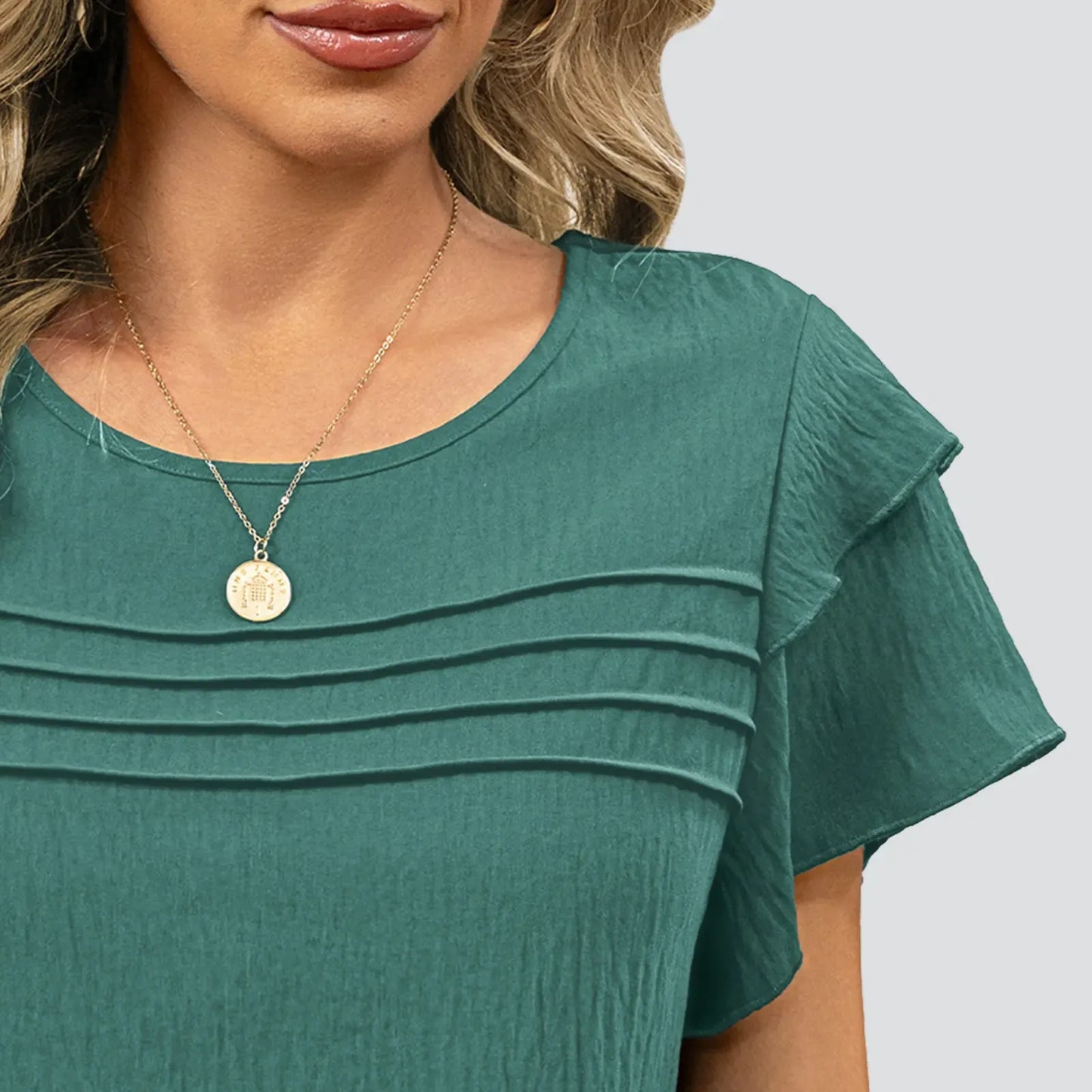 Women's Summer Ruffle Short Sleeve Crew Neck Pleated Front Tops