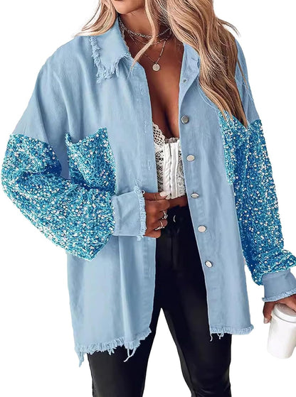 ✨Women's Oversized Sequin Patchwork Long Sleeve Button Front Denim Jacket
