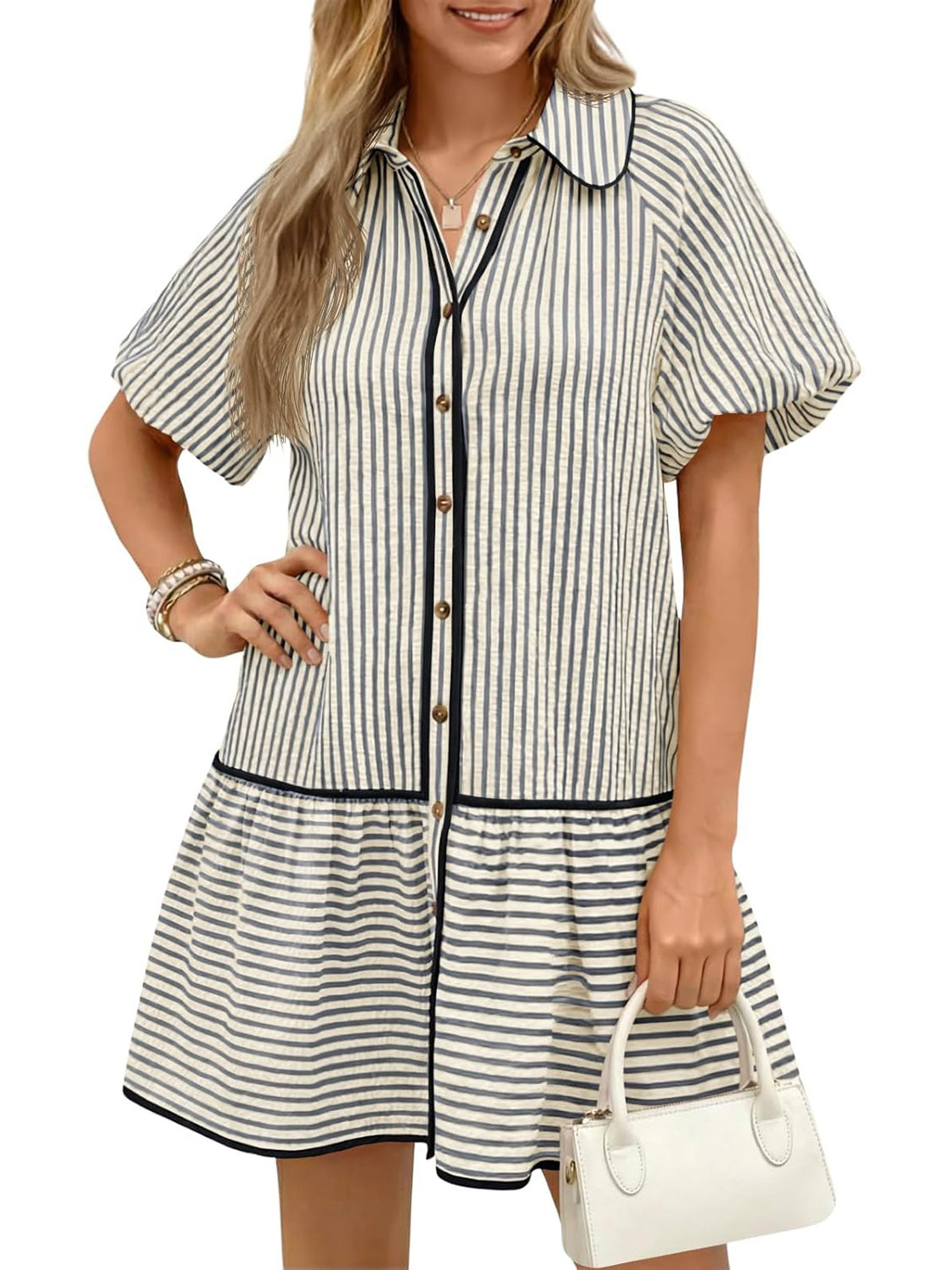 Women's Sweet Striped Lapel Puff Sleeve Midi Dress