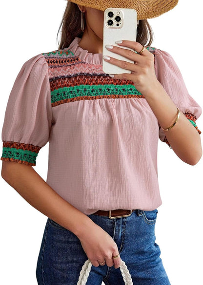 Women's Boho Embroidered Puff Sleeve Crewneck Blouse