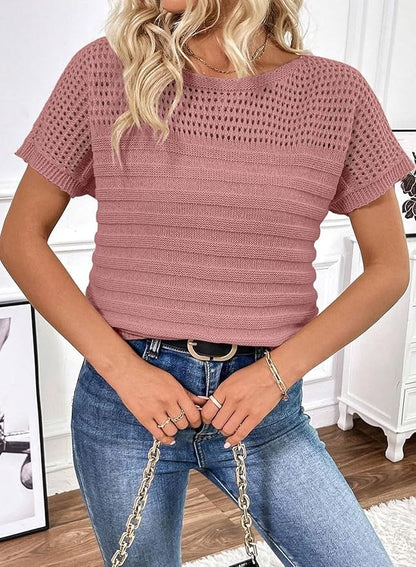 Women's Eyelet Hollow-Out Knit Short Sleeve Top
