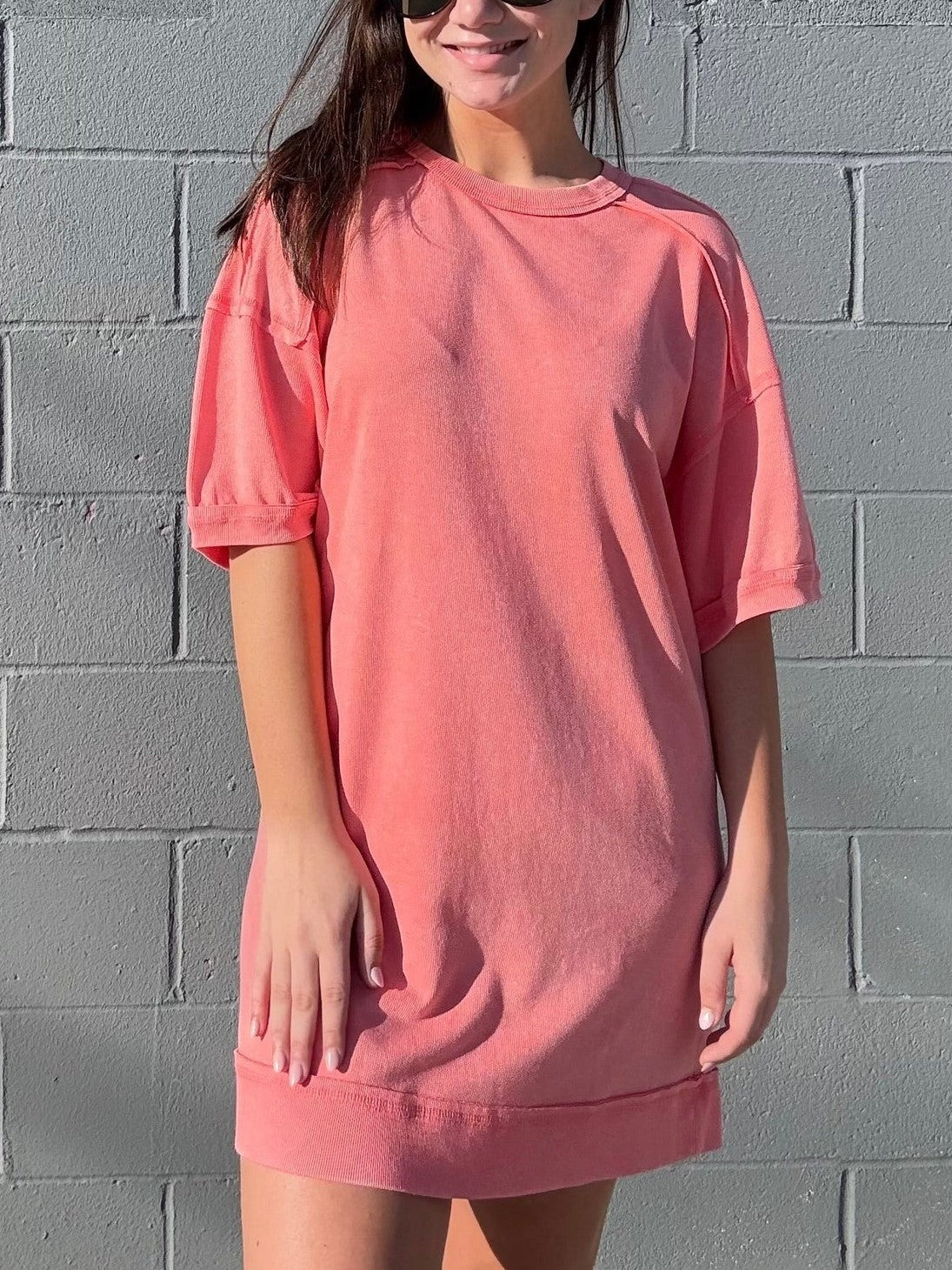 Washed Cotton Crew Neck Casual Mini Dress