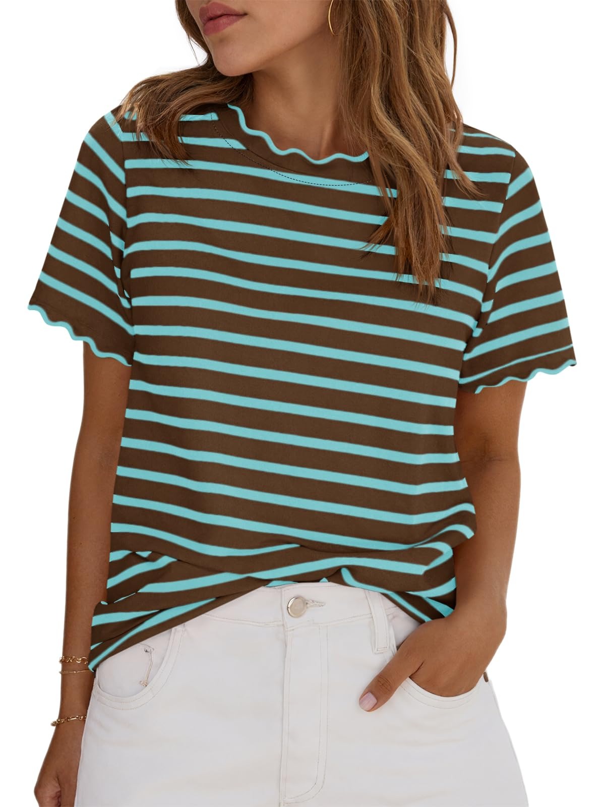 2026 Test Women's Scalloped Crew Neck Striped T-Shirt