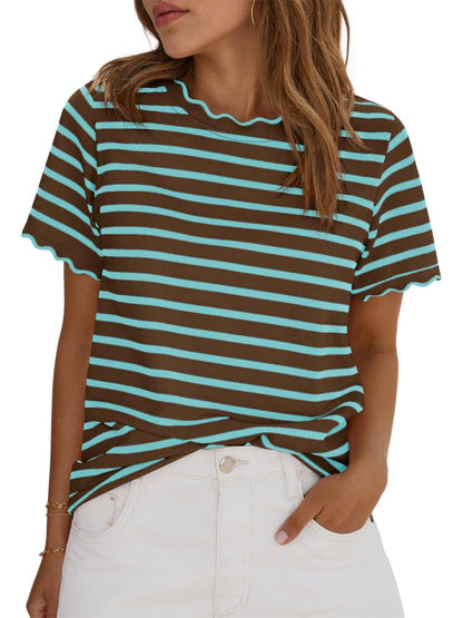 2026 Test Women's Scalloped Crew Neck Striped T-Shirt
