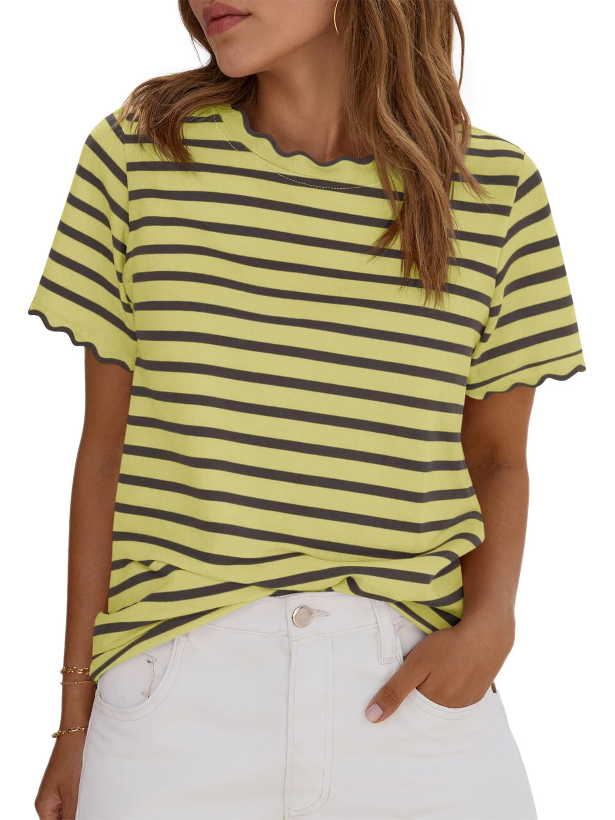 2026 Test Women's Scalloped Crew Neck Striped T-Shirt