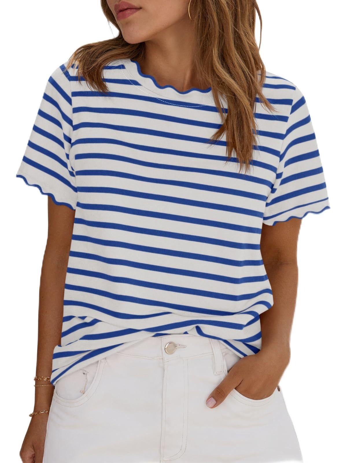 2026 Test Women's Scalloped Crew Neck Striped T-Shirt