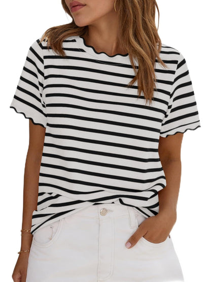 2026 Test Women's Scalloped Crew Neck Striped T-Shirt