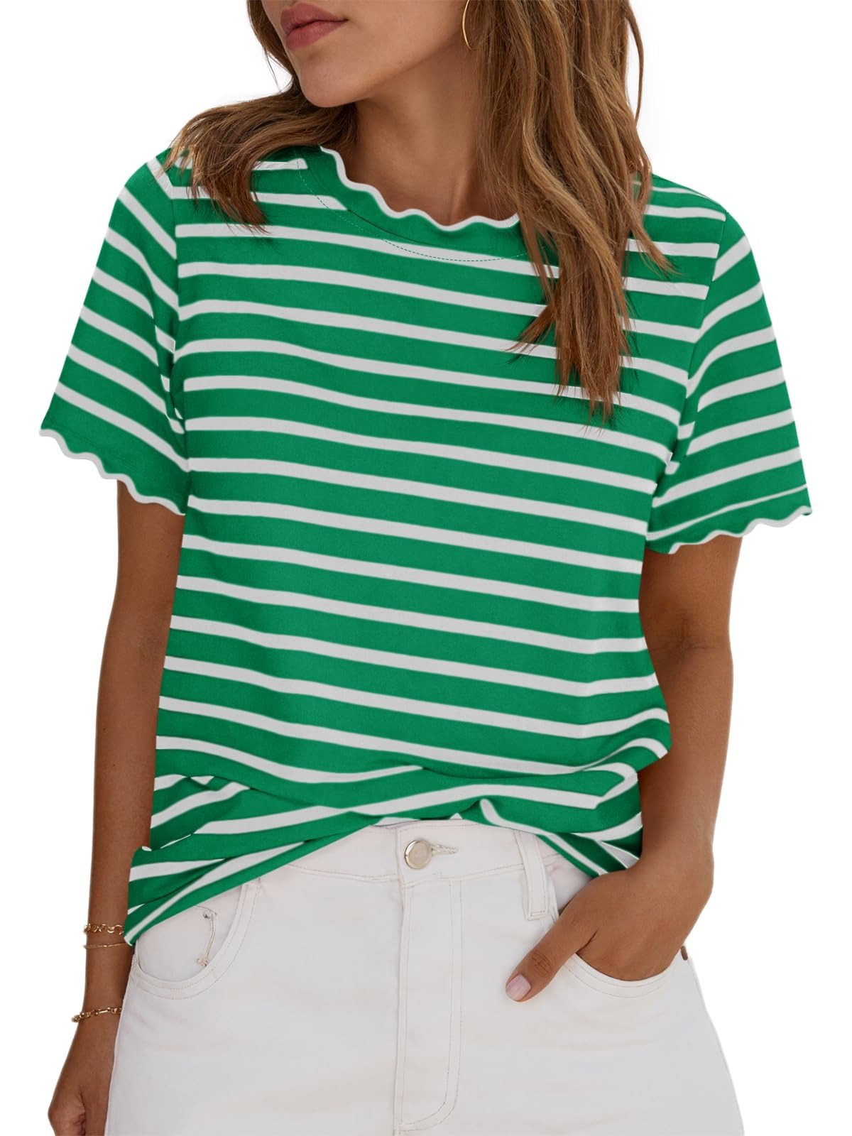 Women's Scalloped Crew Neck Striped T-Shirt