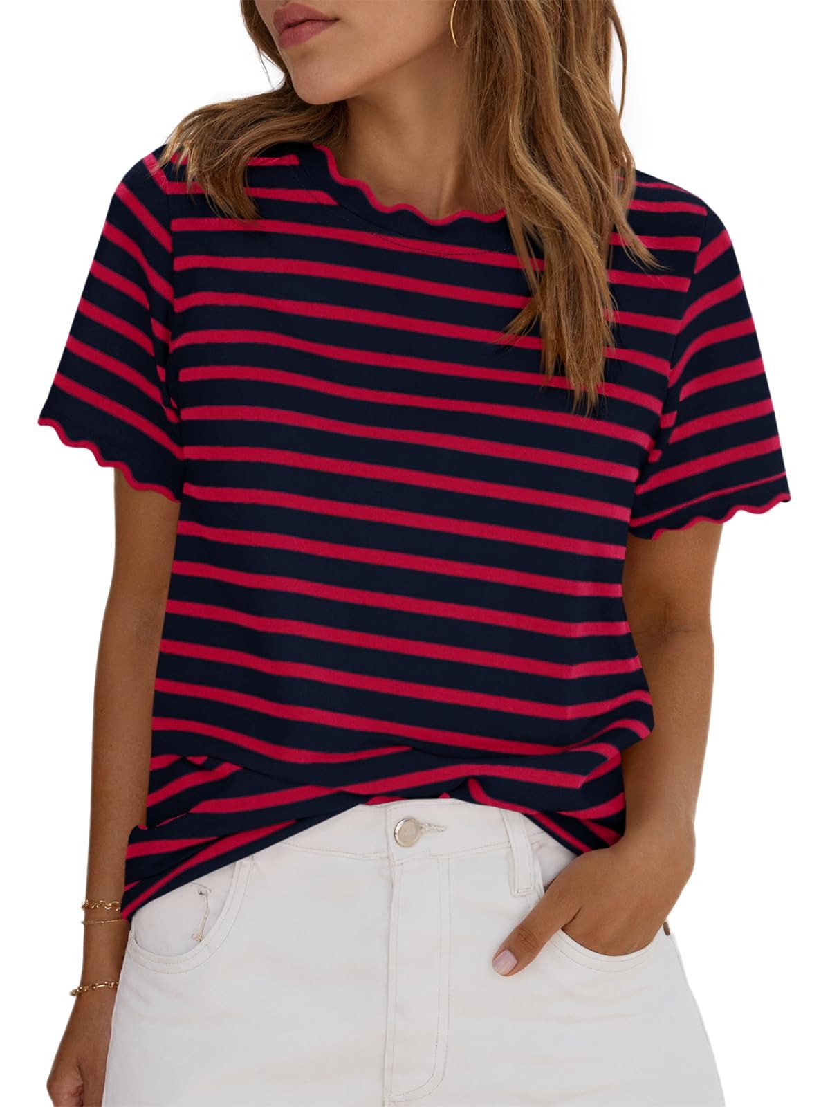 Women's Scalloped Crew Neck Striped T-Shirt