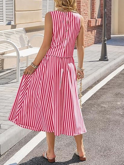 Women's Striped Sleeveless Top & Midi Skirt Set