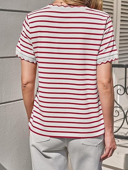 2026 Test Women's Scalloped Crew Neck Striped T-Shirt