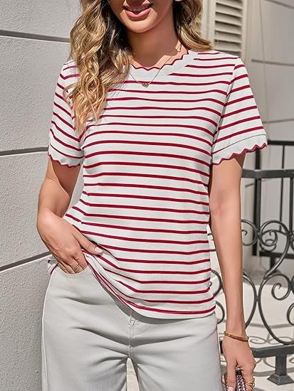 2026 Test Women's Scalloped Crew Neck Striped T-Shirt