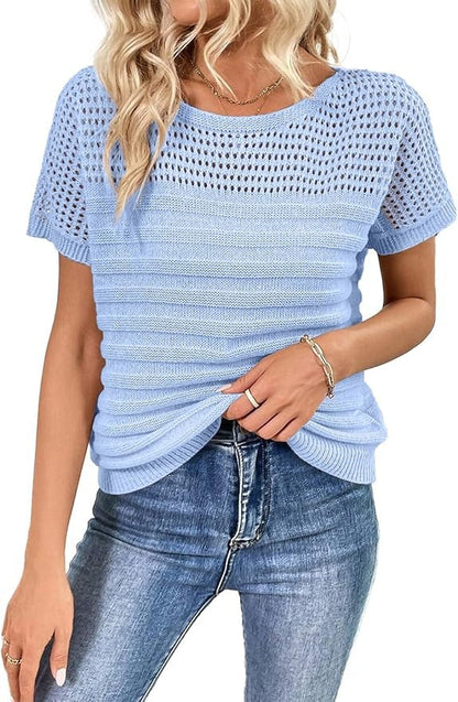 Women's Eyelet Hollow-Out Knit Short Sleeve Top