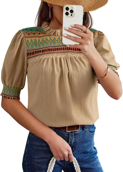 Women's Boho Embroidered Puff Sleeve Crewneck Blouse