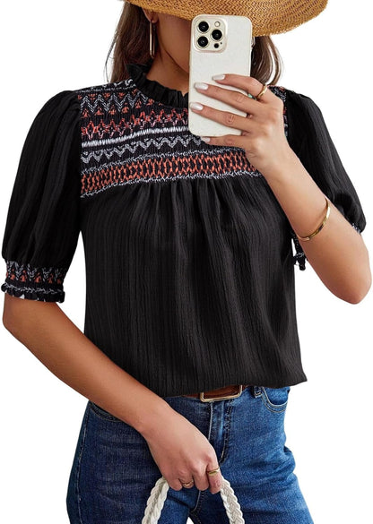 Women's Boho Embroidered Puff Sleeve Crewneck Blouse