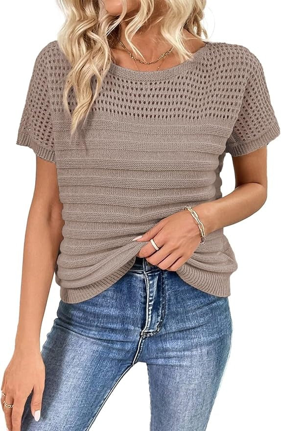 Women's Eyelet Hollow-Out Knit Short Sleeve Top