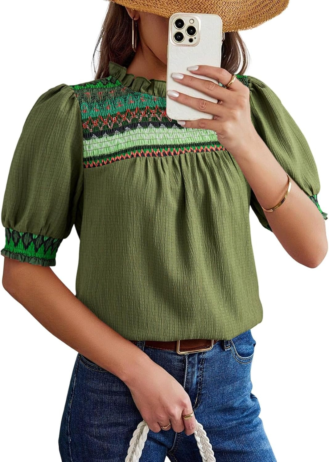 Women's Boho Embroidered Puff Sleeve Crewneck Blouse