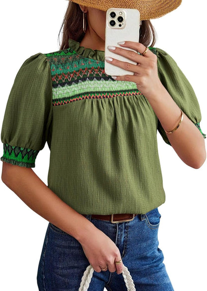 Women's Boho Embroidered Puff Sleeve Crewneck Blouse