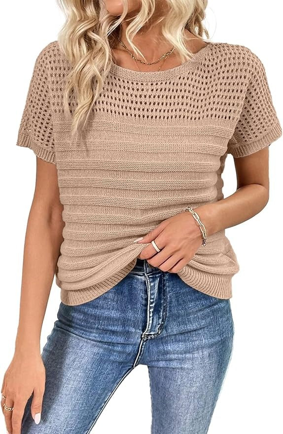 Women's Eyelet Hollow-Out Knit Short Sleeve Top