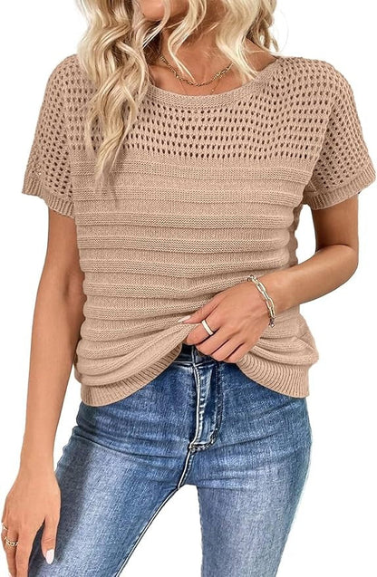 Women's Eyelet Hollow-Out Knit Short Sleeve Top