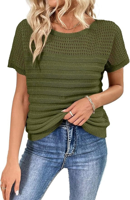 Women's Eyelet Hollow-Out Knit Short Sleeve Top