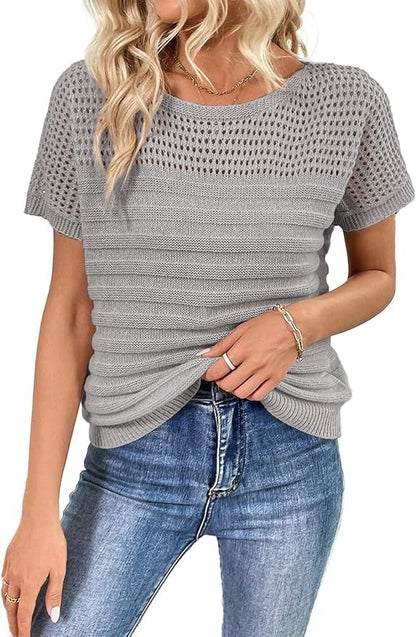 Women's Eyelet Hollow-Out Knit Short Sleeve Top