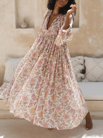 Women's Romantic Floral Lantern Sleeve Flowy Maxi Dress