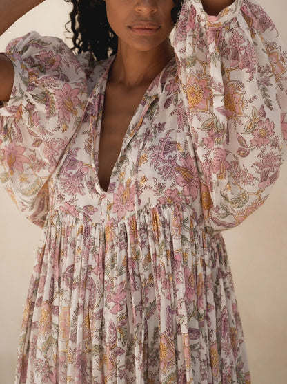 Women's Romantic Floral Lantern Sleeve Flowy Maxi Dress