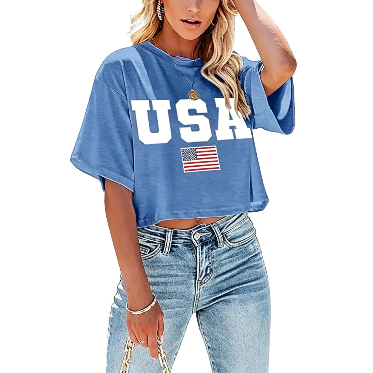 4th of July USA Printed Cropped Shirt